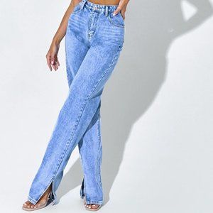 Light Blue Wash Long Leg Split Hem Jeans